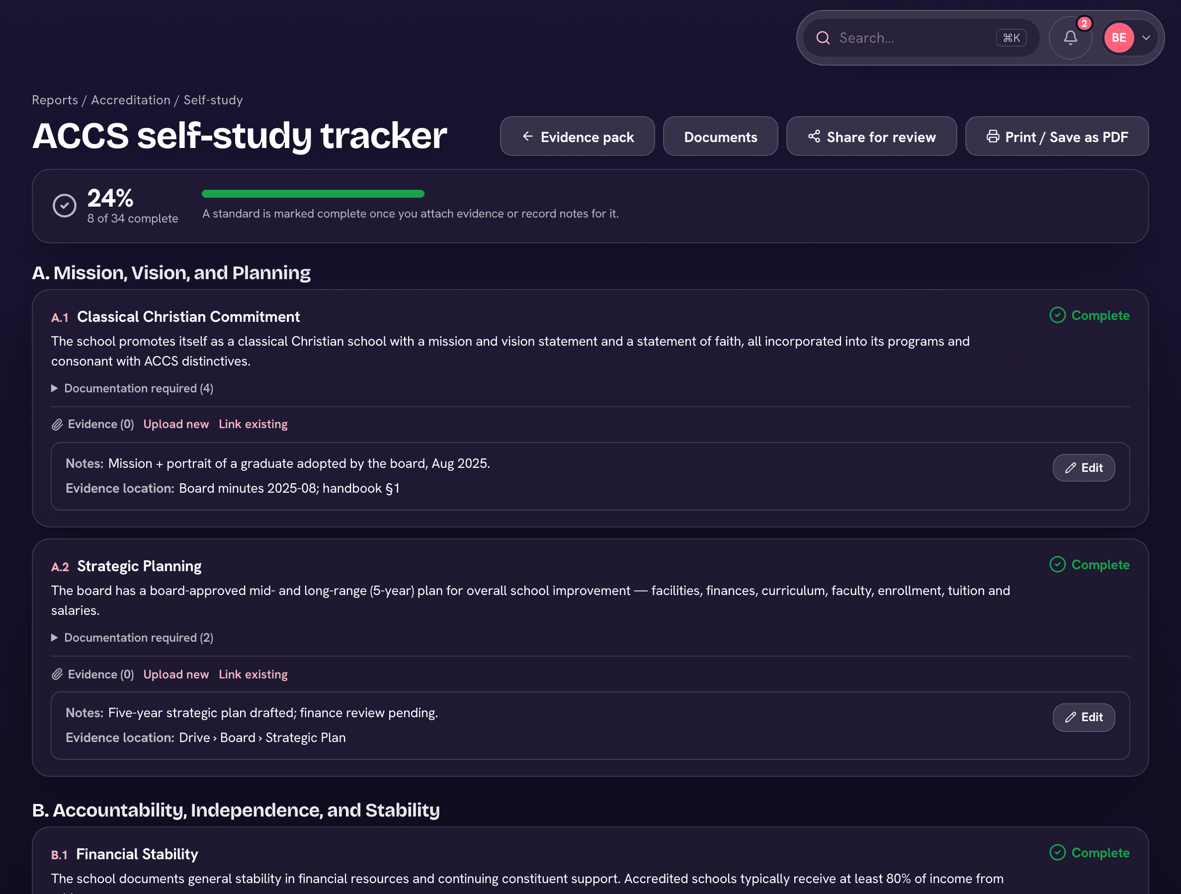 The A–G self-study tracker in Trivium