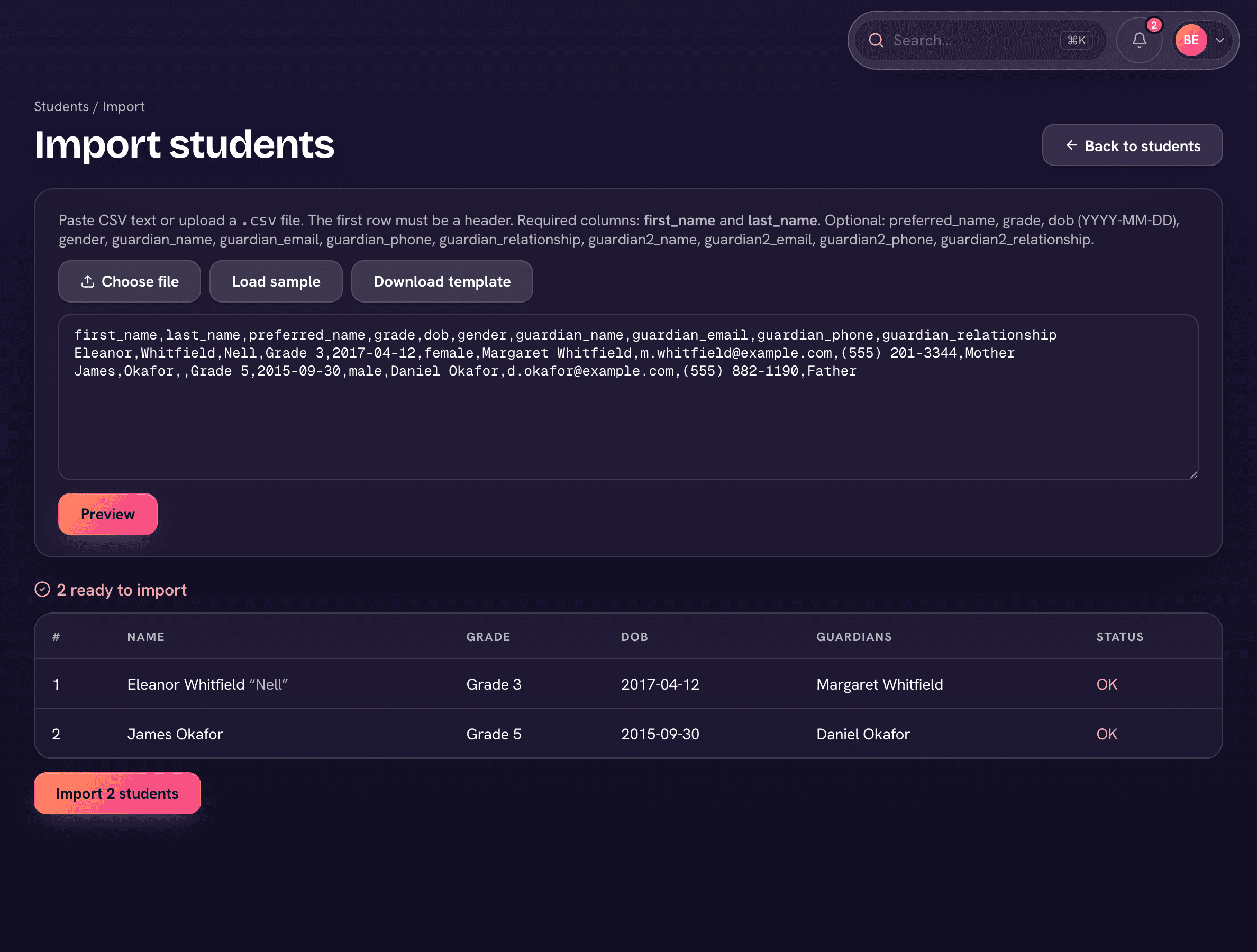 The student and family import preview in Trivium