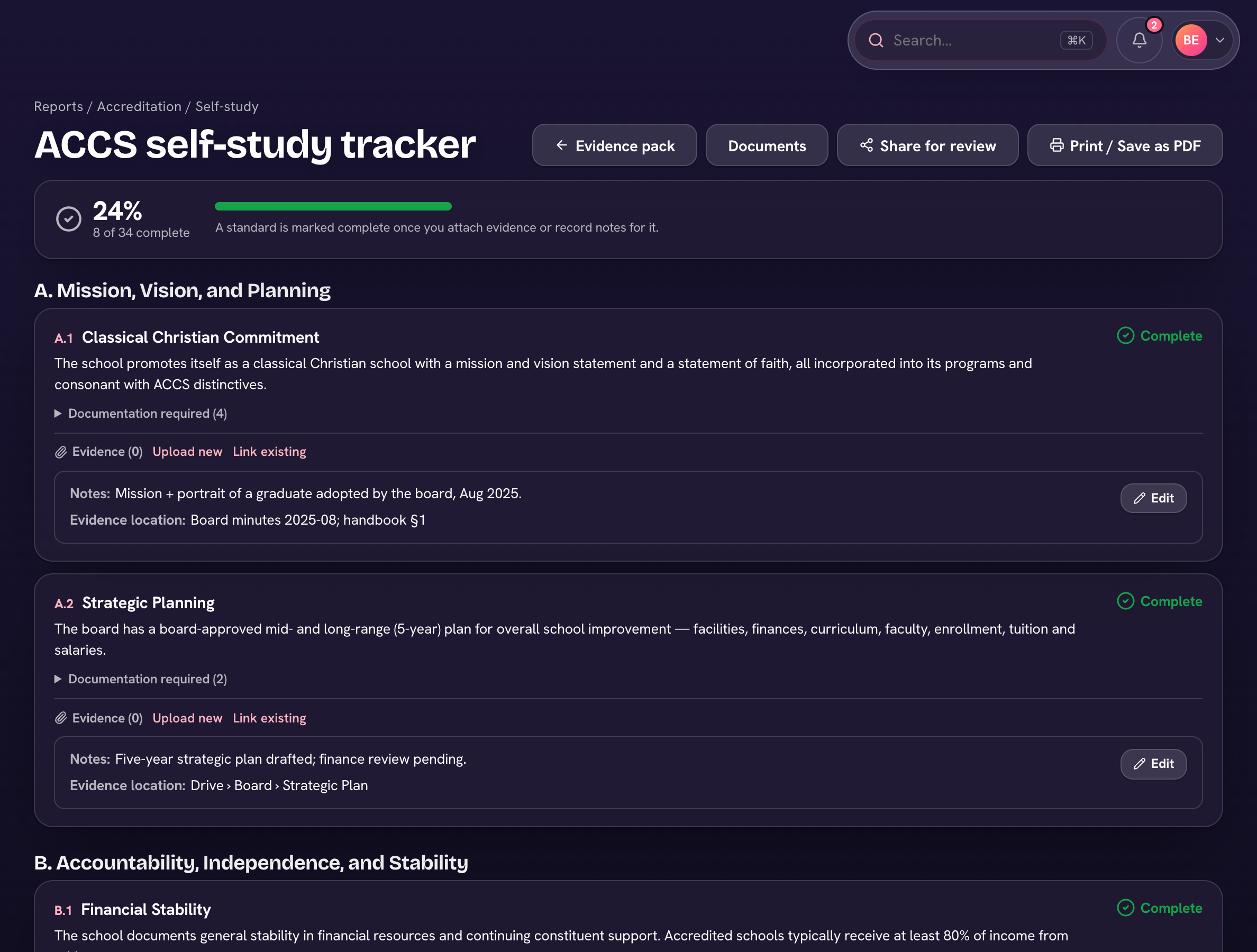 The ACCS self-study tracker — standards, evidence, and progress.