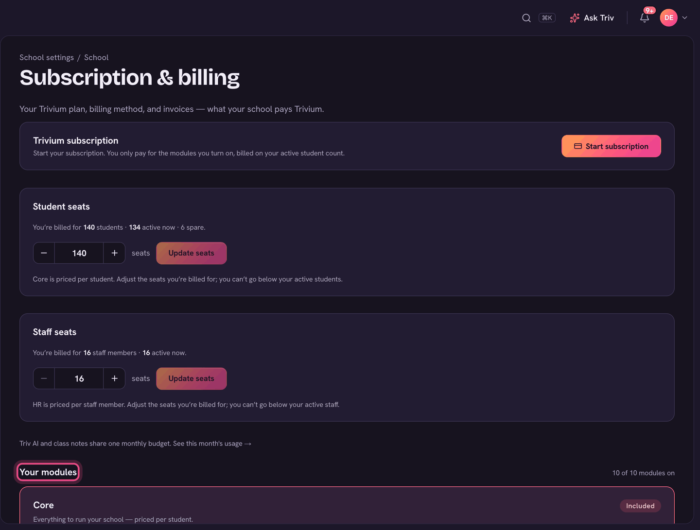 Subscription & billing: Your modules, each with Add module or Active.