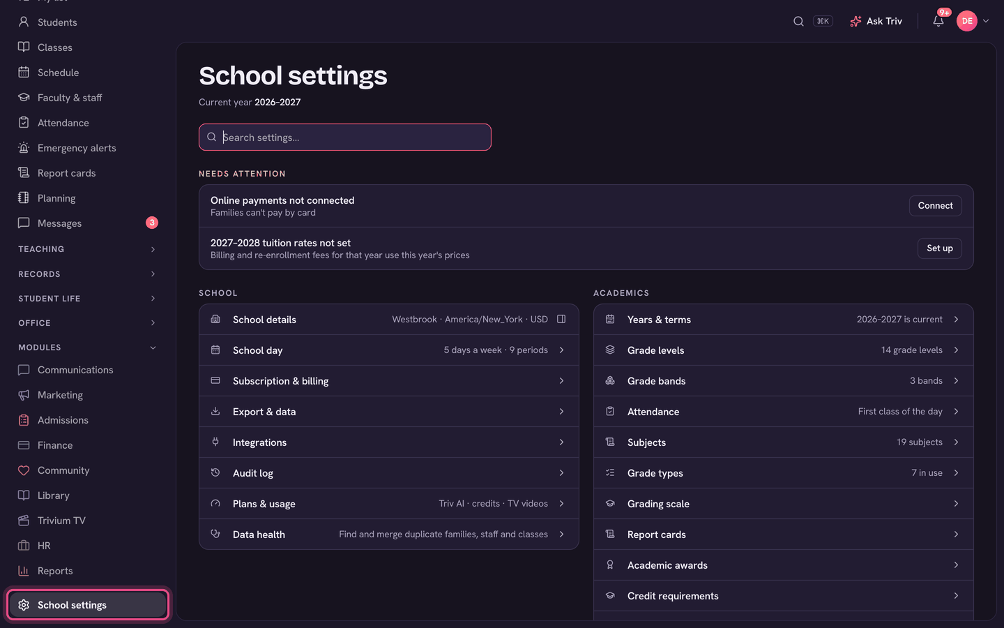 School settings: one searchable list, grouped by area.