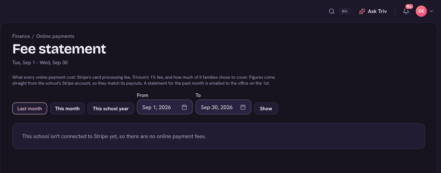 The fee statement: totals, what the payments were for, and every payment.