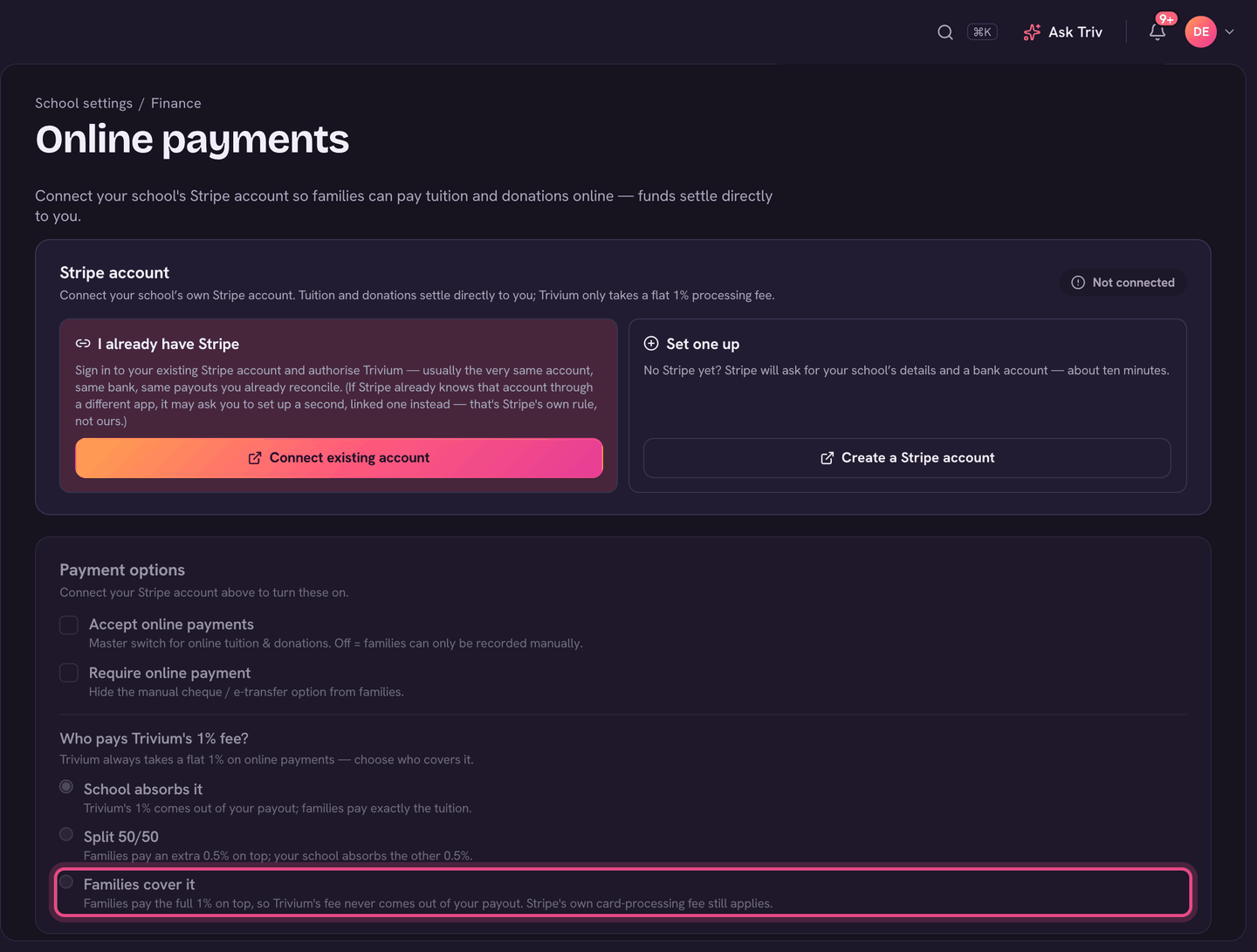 Settings → Online payments: who pays Trivium's 1% fee.