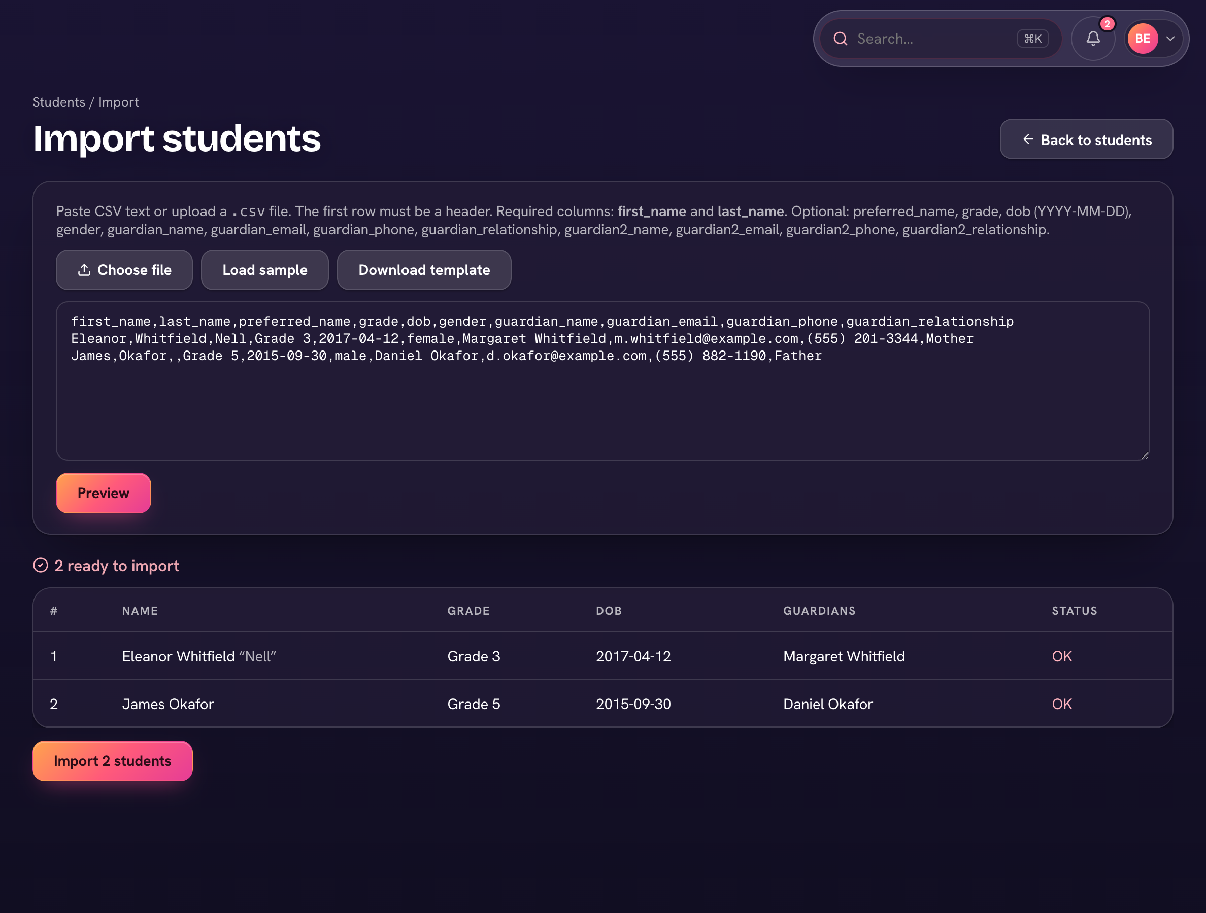 The student and family import preview in Trivium