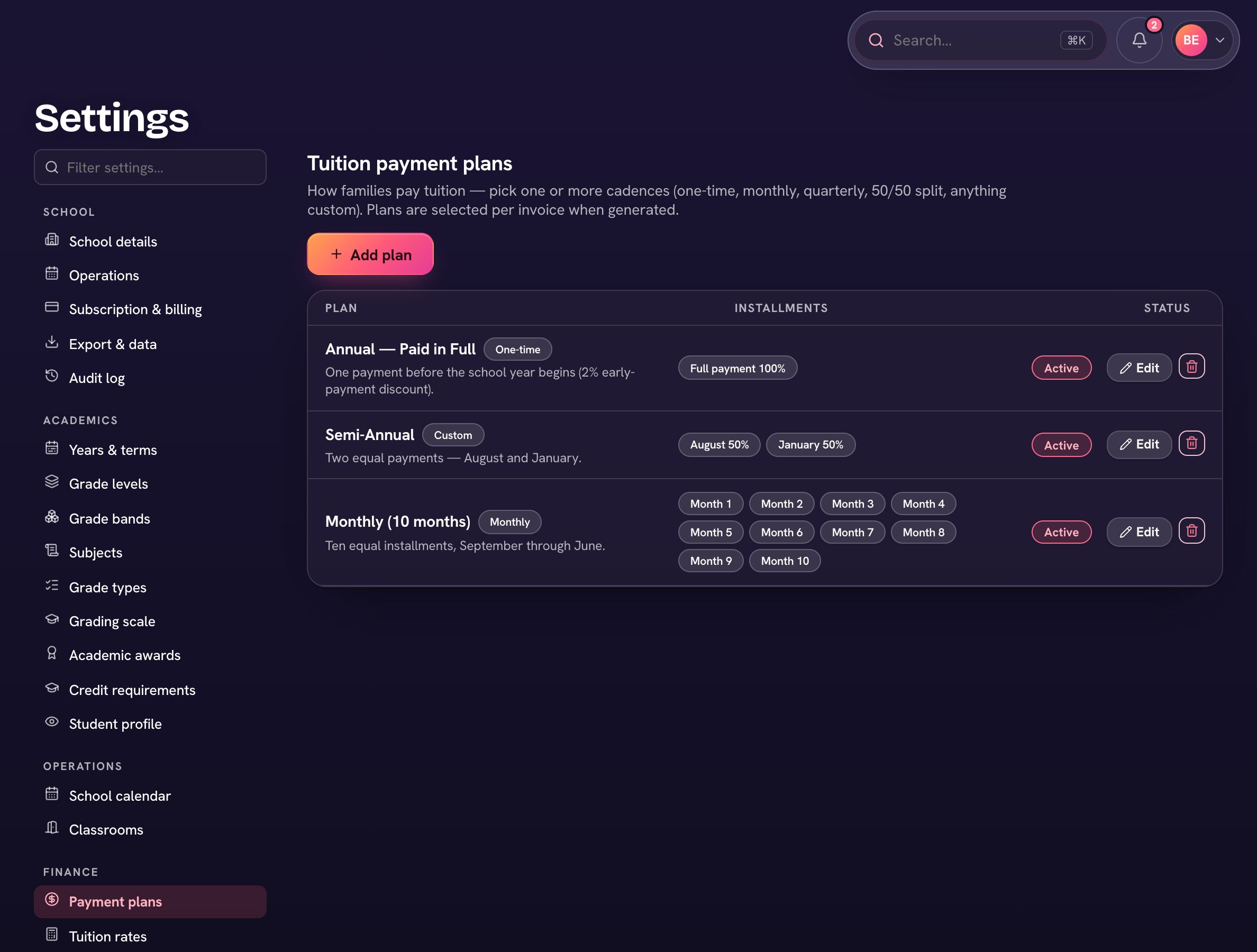 Finance → Payment plans — each plan's cadence, instalments and students.