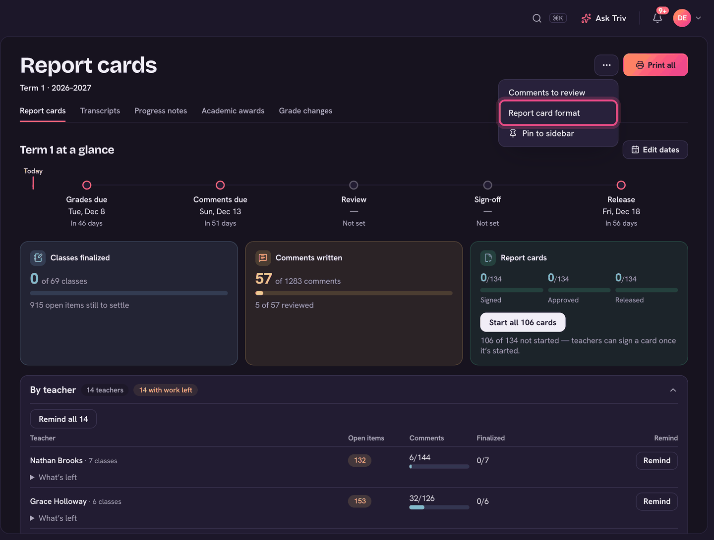 Report cards → ⋯ → Report card format.