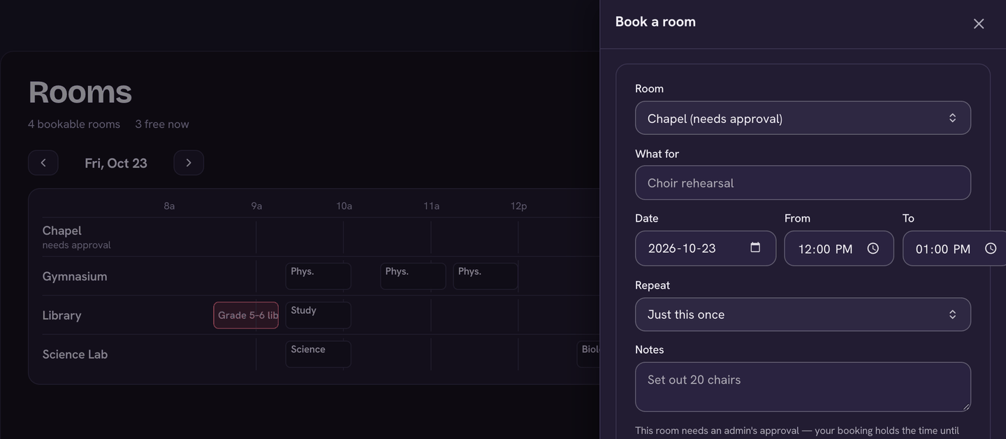 The Book a room panel: room, what for, date, from, to and repeat.
