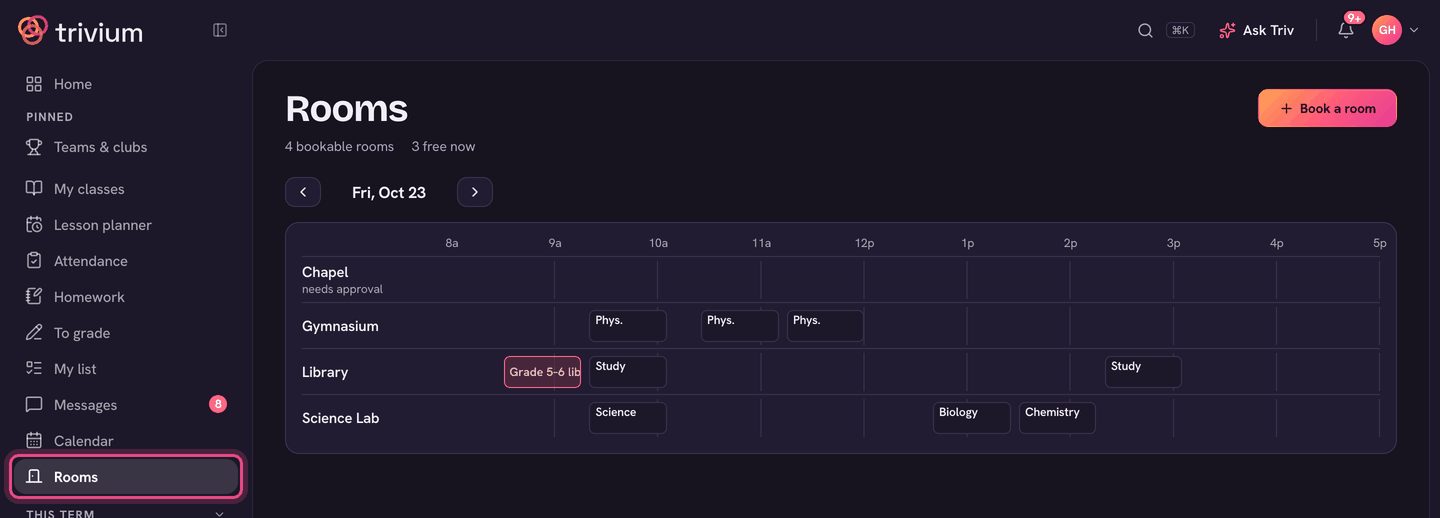 Rooms: today's grid of rooms by period, with classes and bookings.