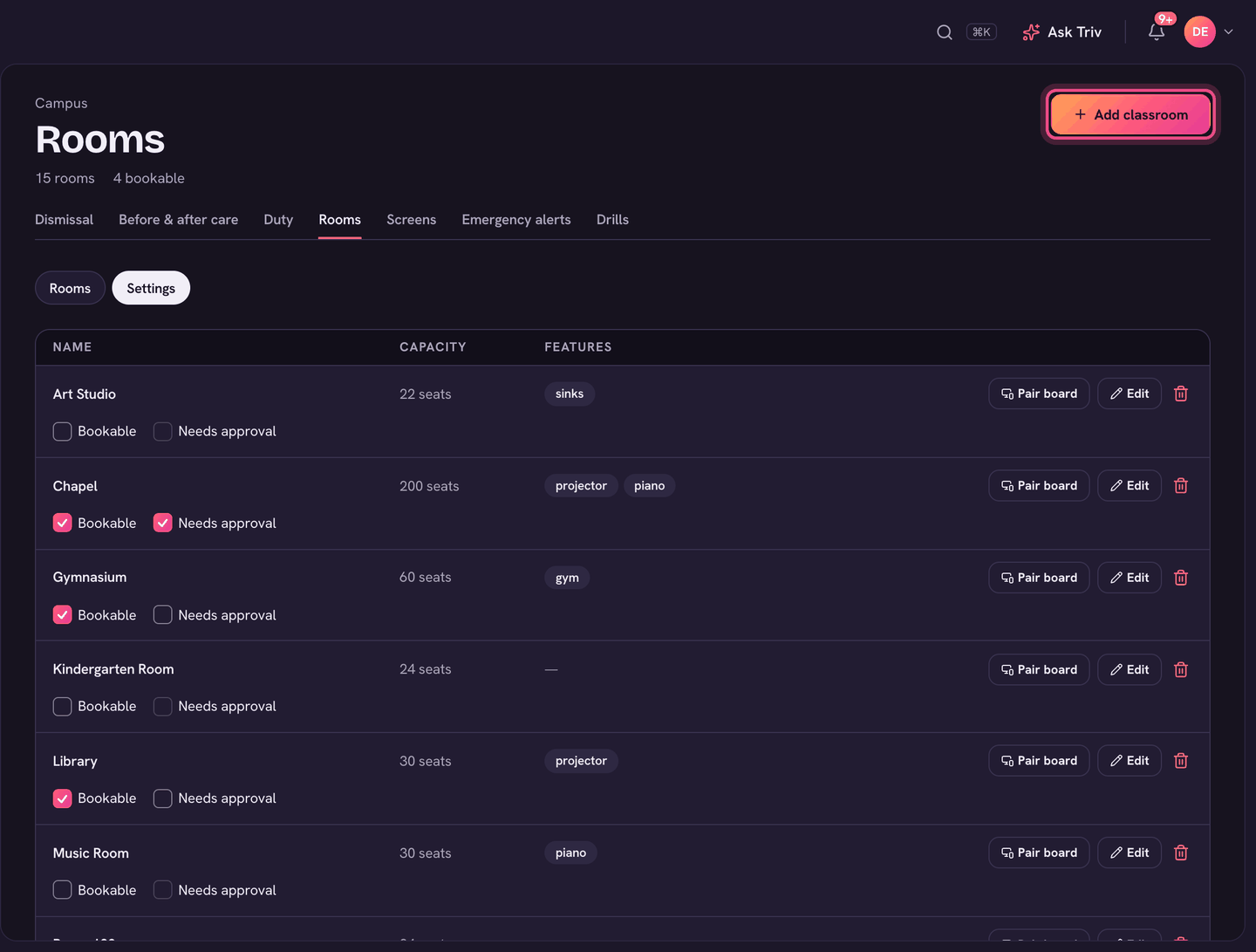 Rooms → Settings: every room with capacity, features, Bookable and Needs approval.
