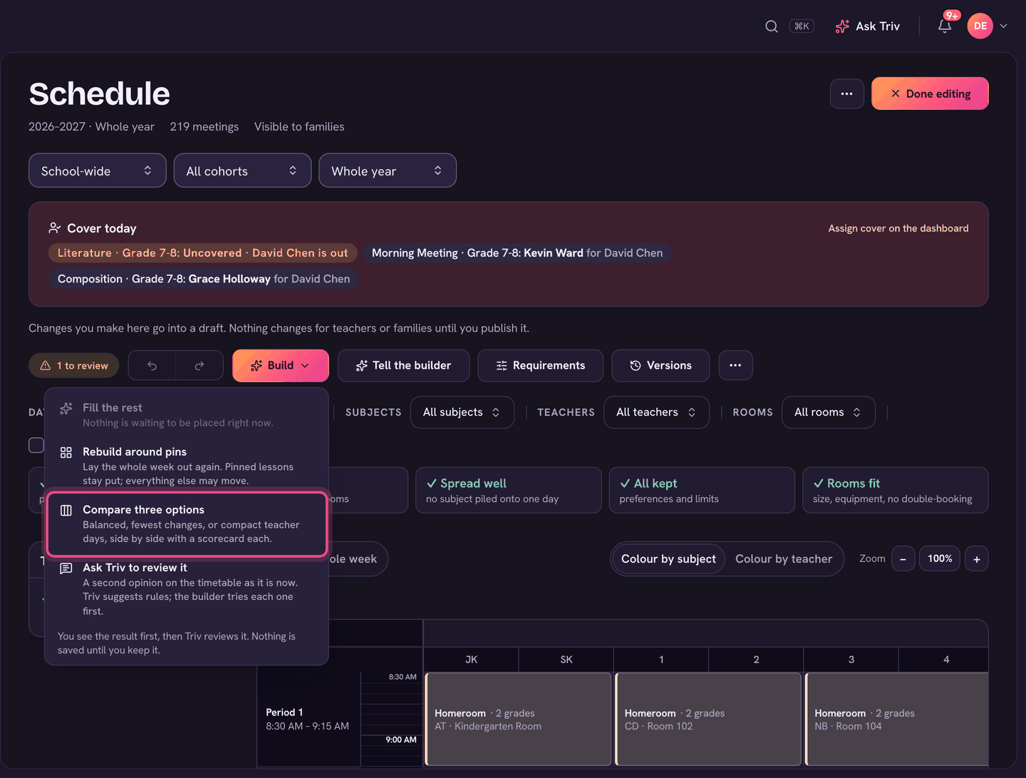 The Build menu: Fill the rest, Rebuild around pins and Compare three options.