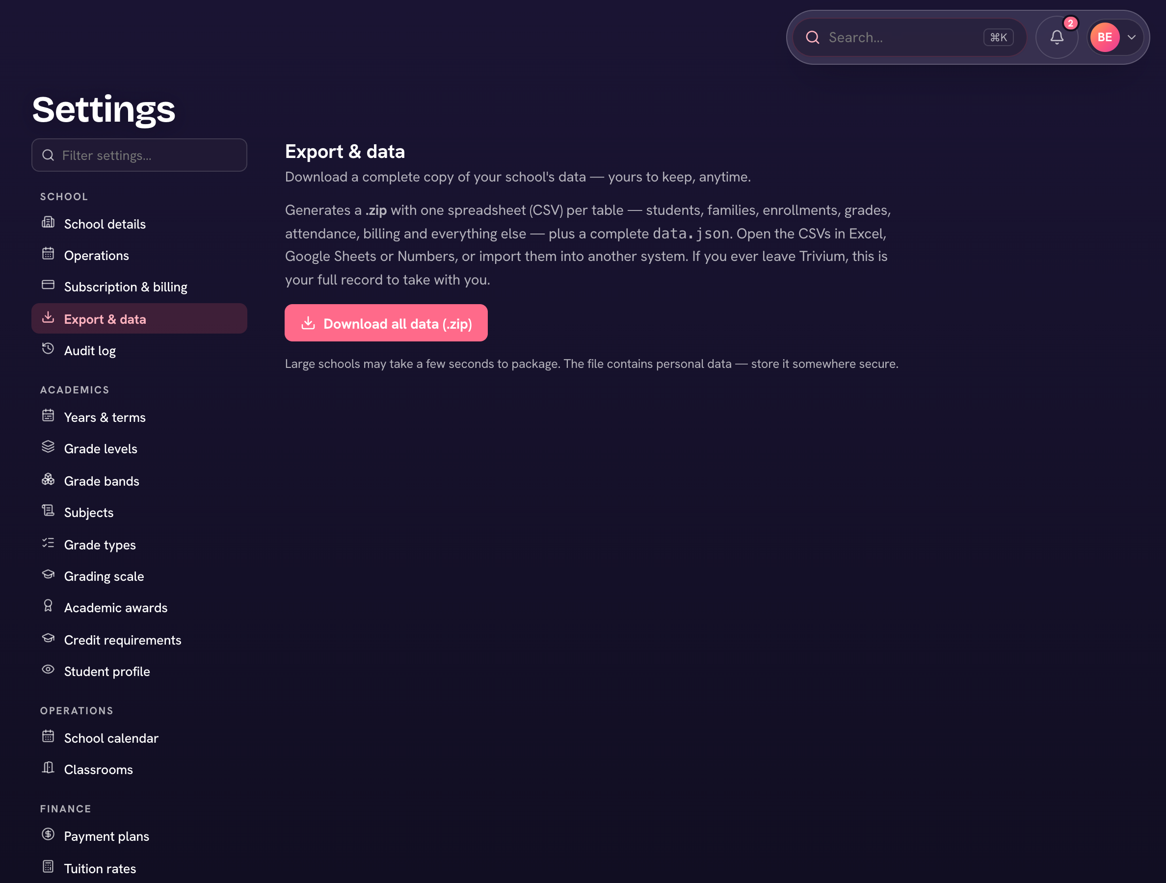 The Export & data section — download a complete copy of your school.