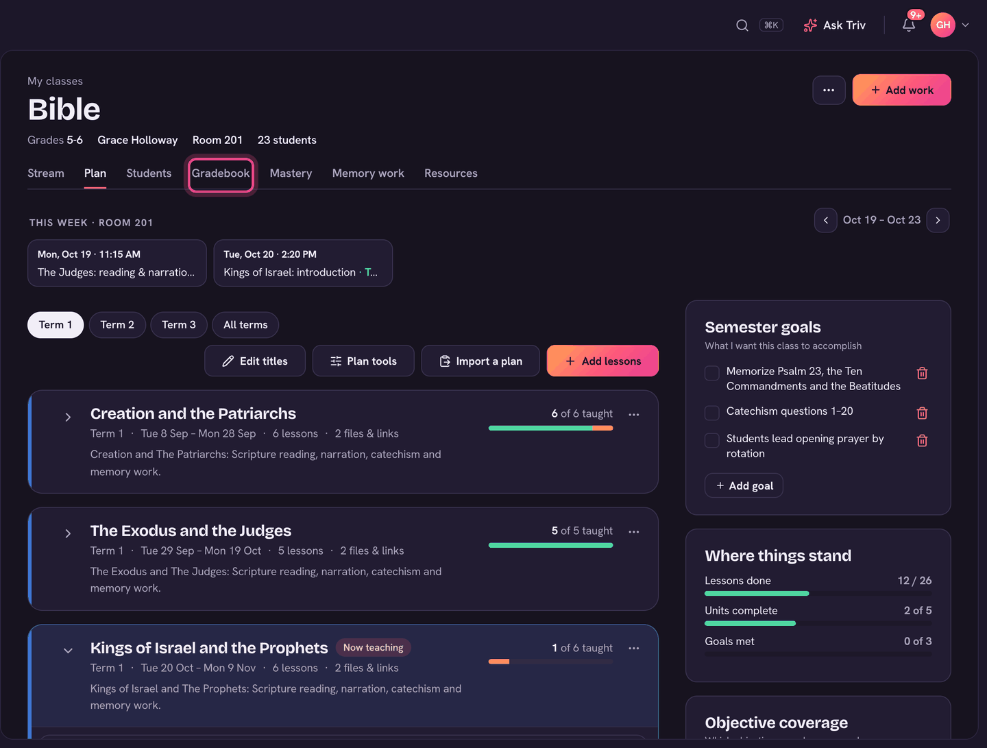 A class page with its tabs and the Add work button.