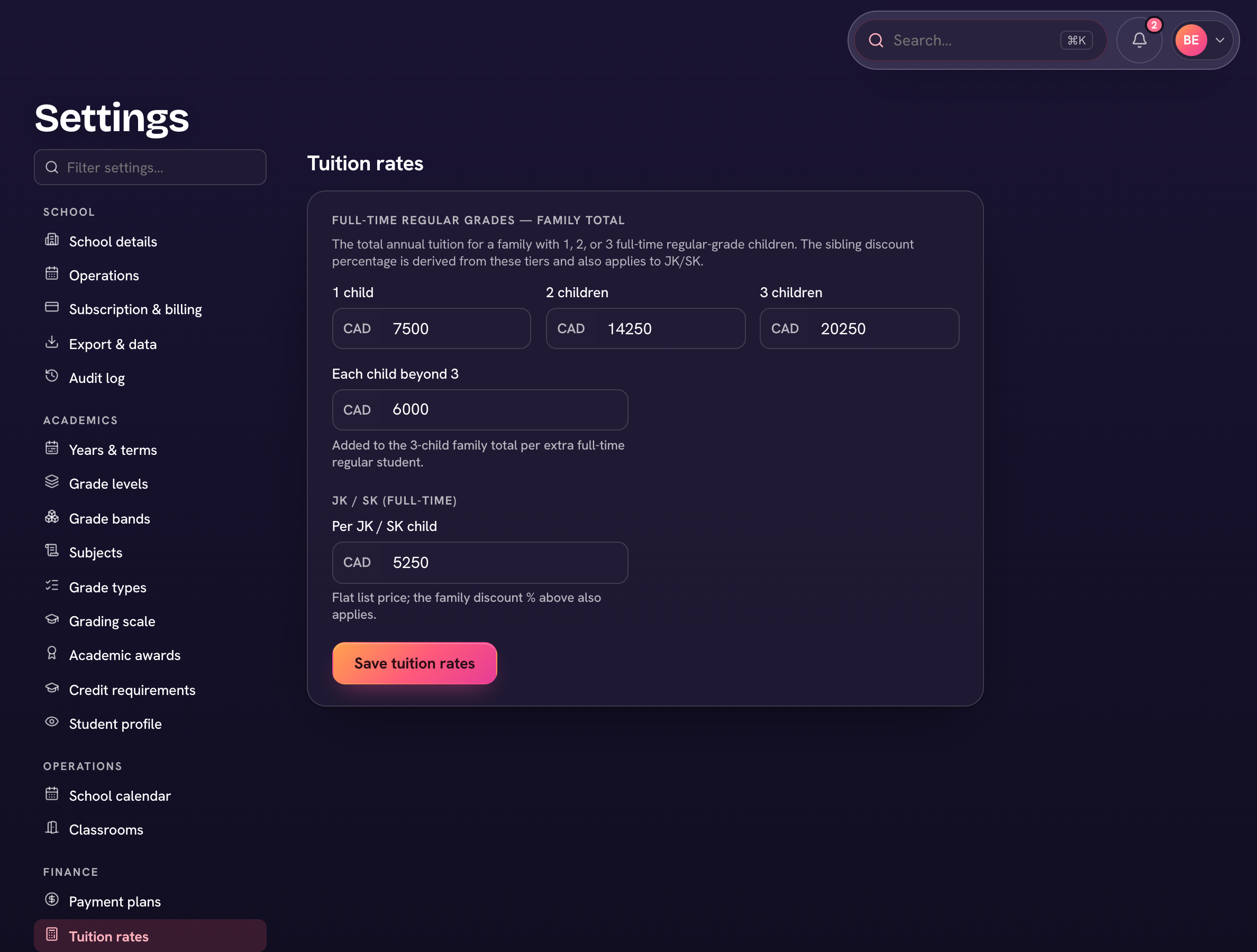 The tuition rates settings screen.