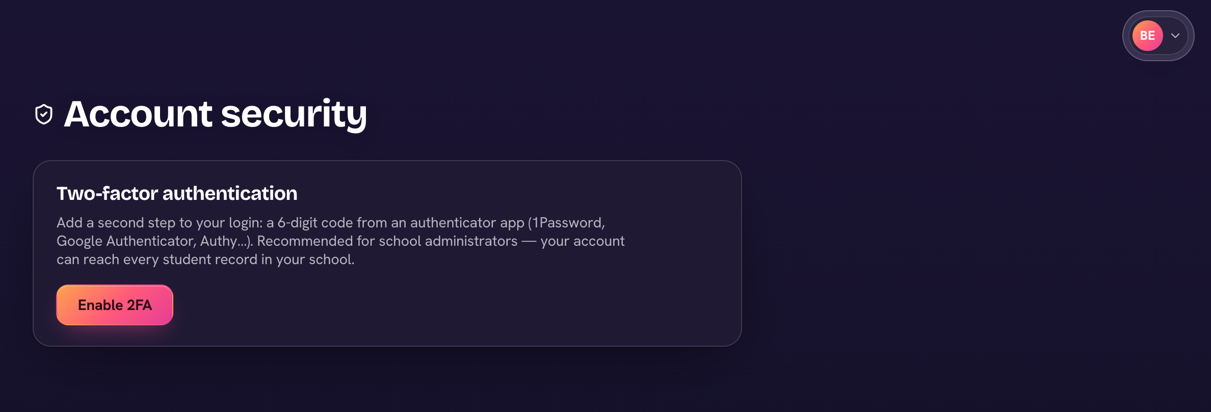 Setting up 2FA — the QR code and verification step.