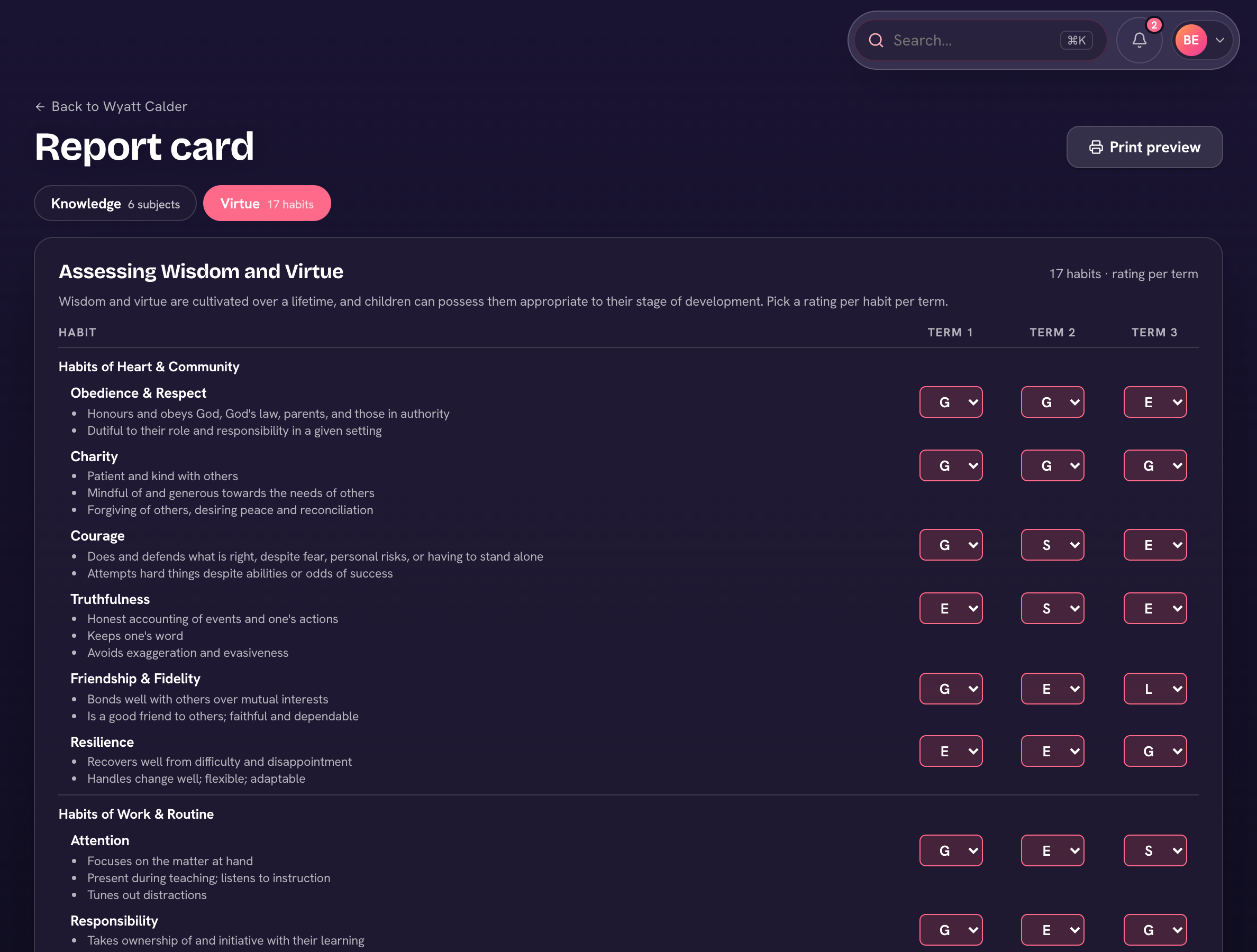 Step 2 of the report-card builder — rating each Wisdom & Virtue trait.